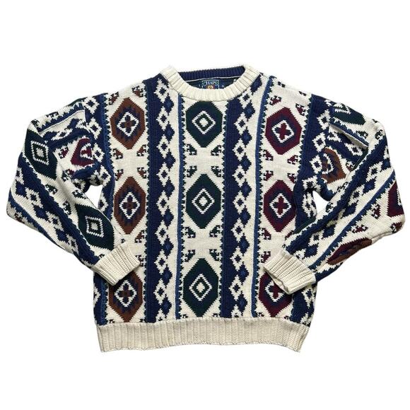 Vintage Chaps Ralph Lauren Southwestern Aztec Knit Sweater XL 100% Cotton boho